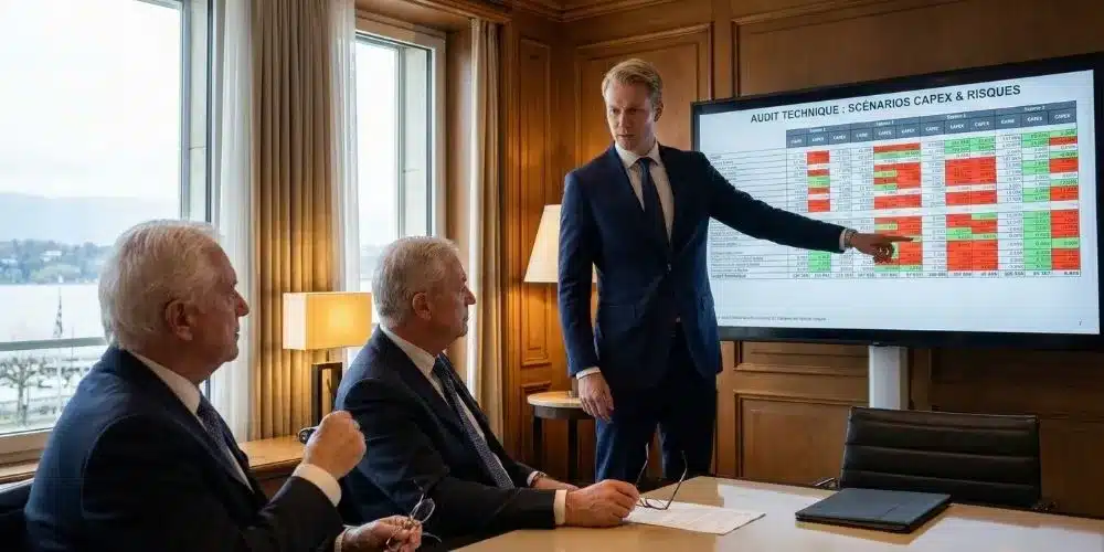 Jeune ingénieur-conseil présentant des tableaux comparatifs de risques et de budgets CAPEX (Due Diligence) à des investisseurs seniors dans une salle de réunion à Genève impulse Sàrl
